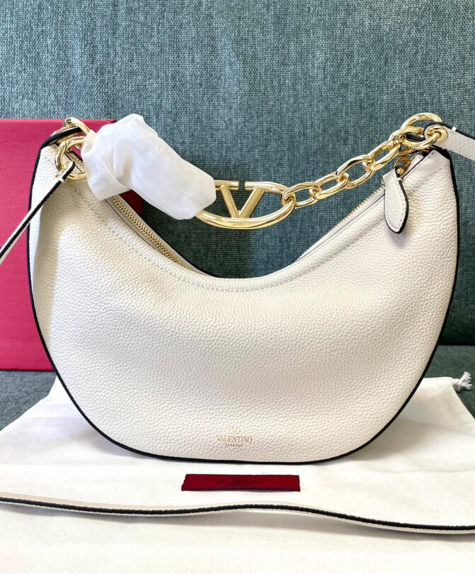 Valentino Small Vlogo Moon Hobo Bag In Grainy Calfskin With Chain
